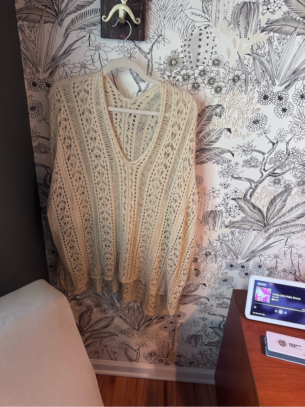Cream Open-Knit V-Neck Swim Coverup